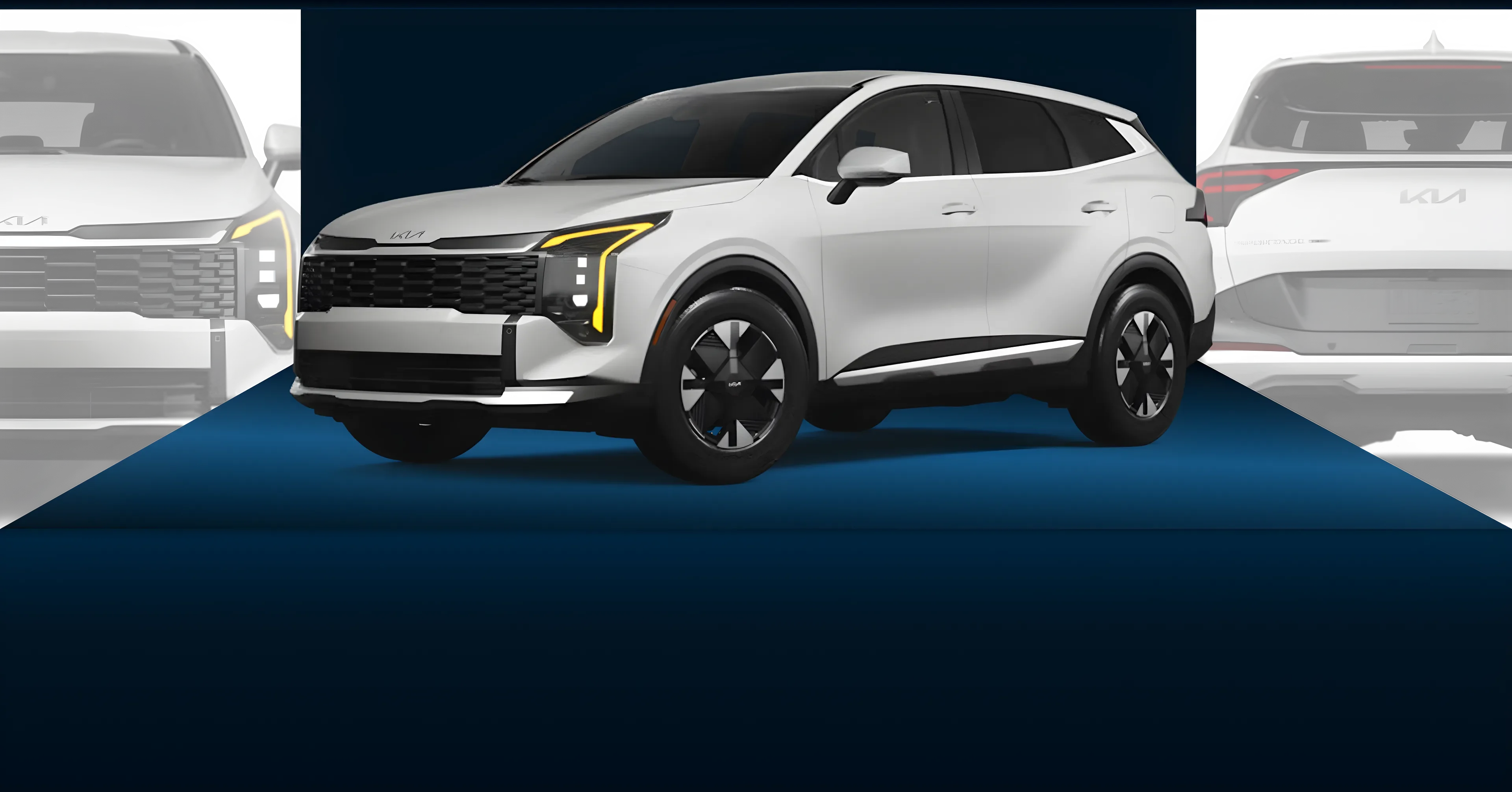 White 2027 Kia Sportage Hybrid, front three-quarter view, with faded front and rear views behind it