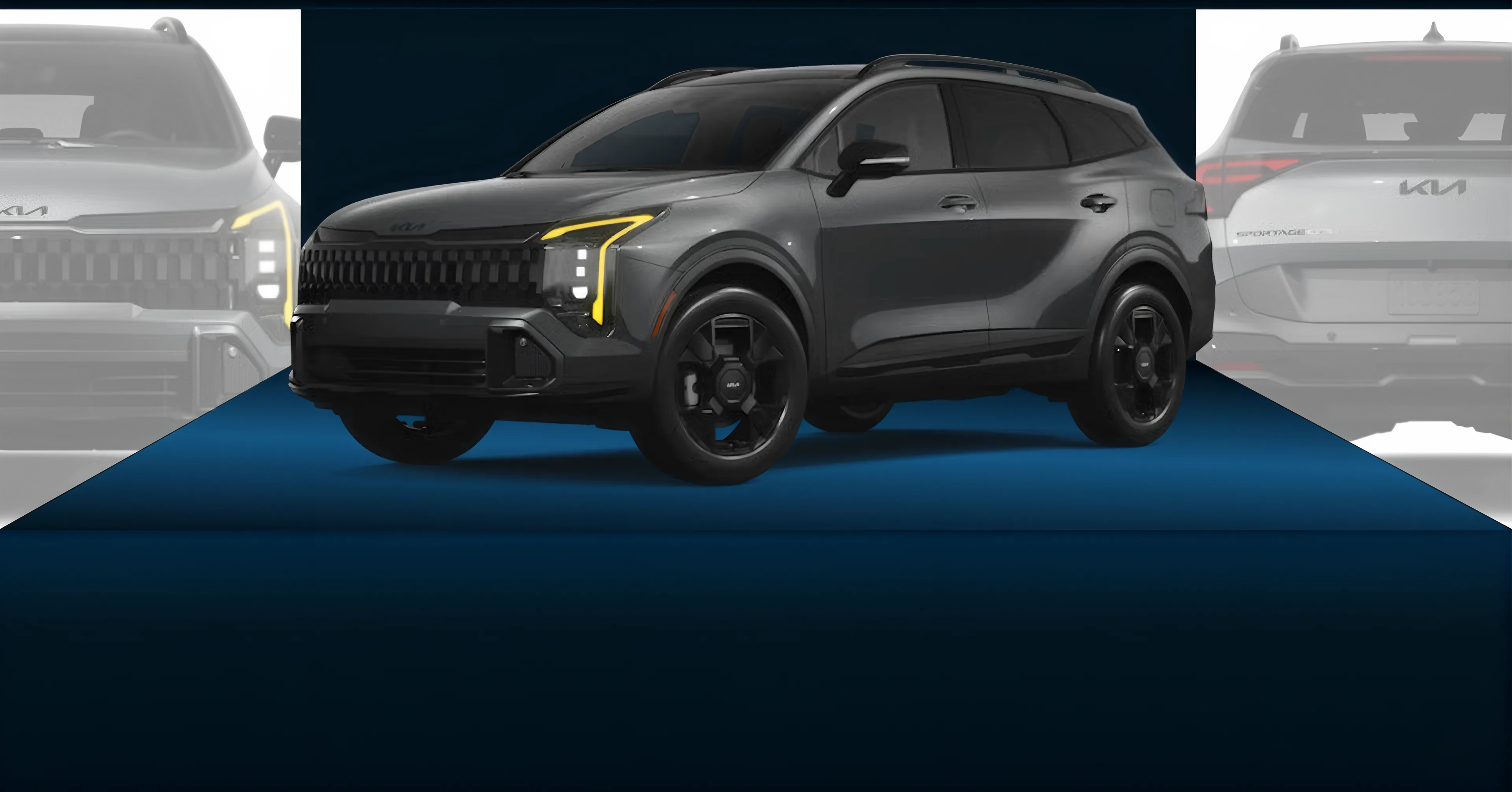 Grey 2027 Kia Sportage Plug-in Hybrid, front three-quarter view, with faded front and rear views behind it