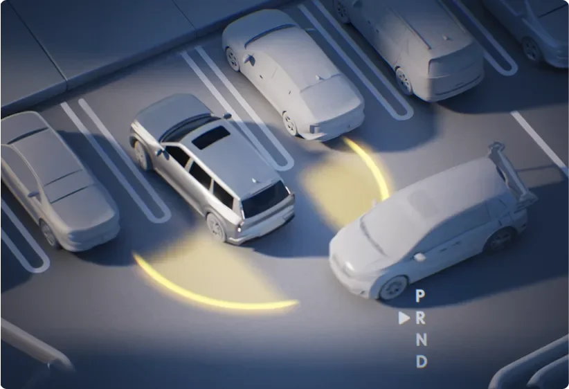 Illustration of Rear Cross-Traffic Collision-Avoidance Assist detecting a car while reversing