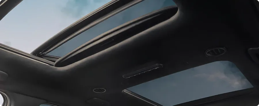 View up through the Telluride Hybrid dual sunroofs from inside the cabin