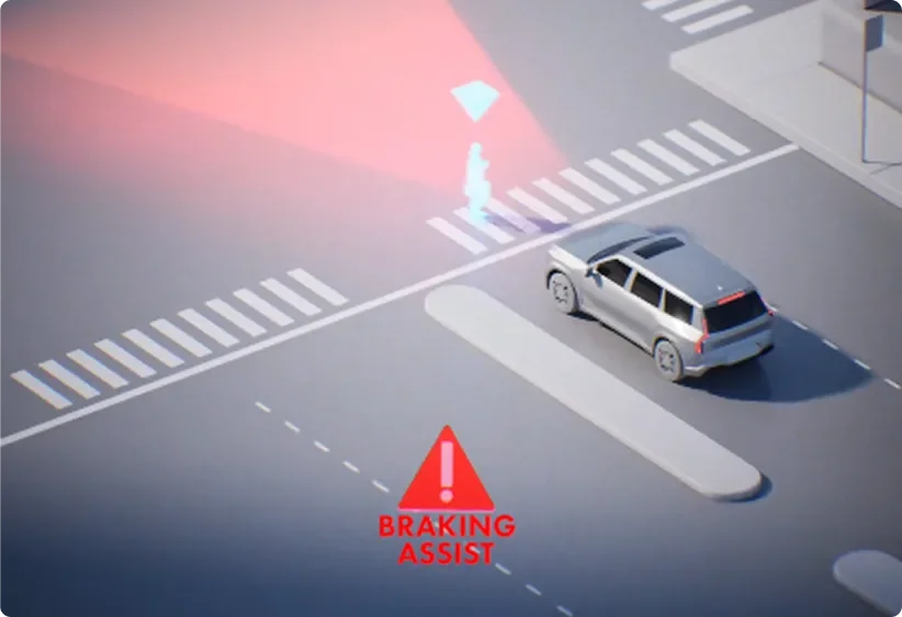 Illustration of a Telluride at a crosswalk detecting a pedestrian, with a red braking assist warning