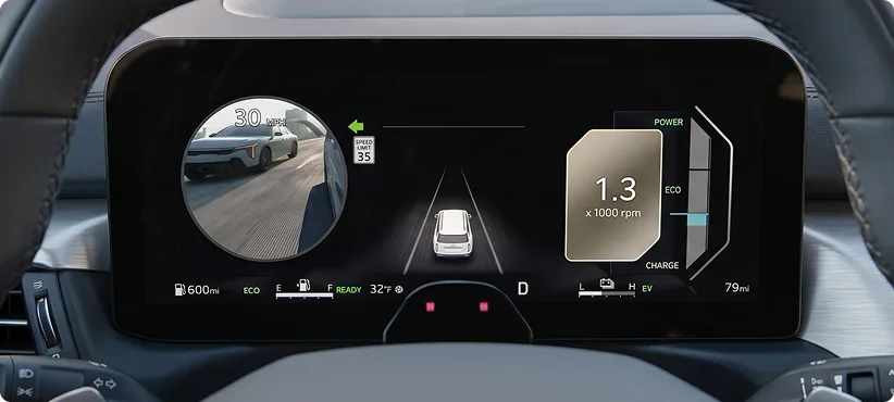 Telluride Hybrid gauge cluster showing a round live camera feed of the rear blind spot