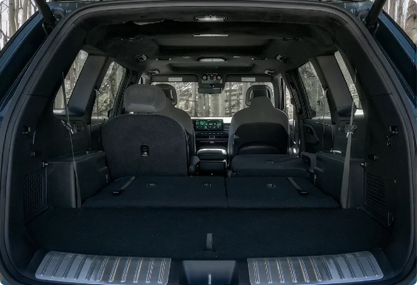 Telluride Hybrid cabin seen from the open liftgate, showing all three rows of seating