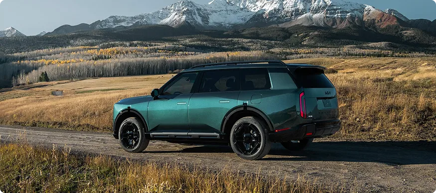Dark green Telluride Hybrid in profile on grassland below snow-capped mountains