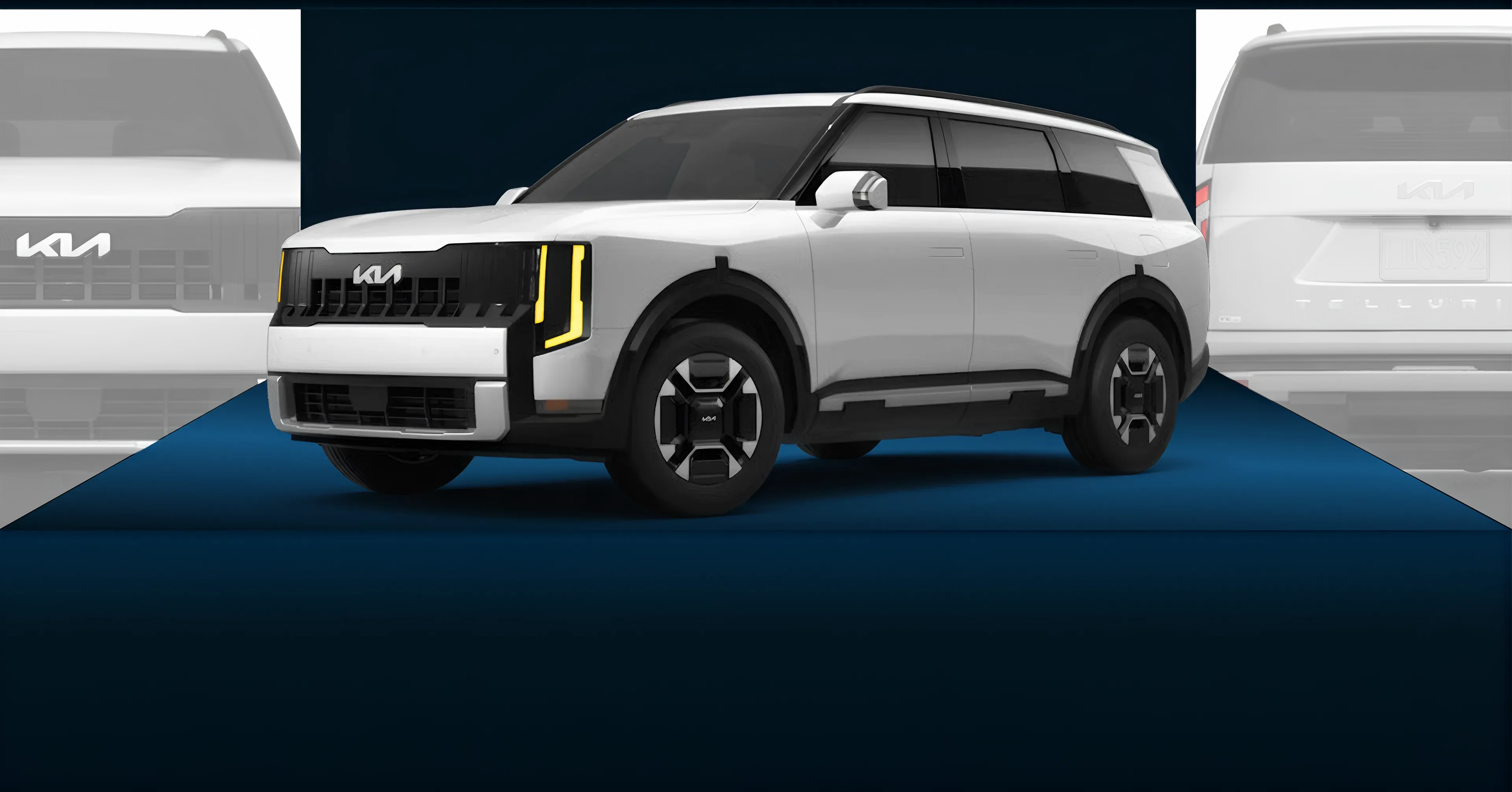 Bronze 2027 Kia Telluride Turbo Hybrid, front three-quarter view, with faded front and rear views behind it