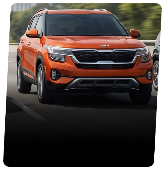 Orange Kia Seltos SUV driving on a tree-lined road
