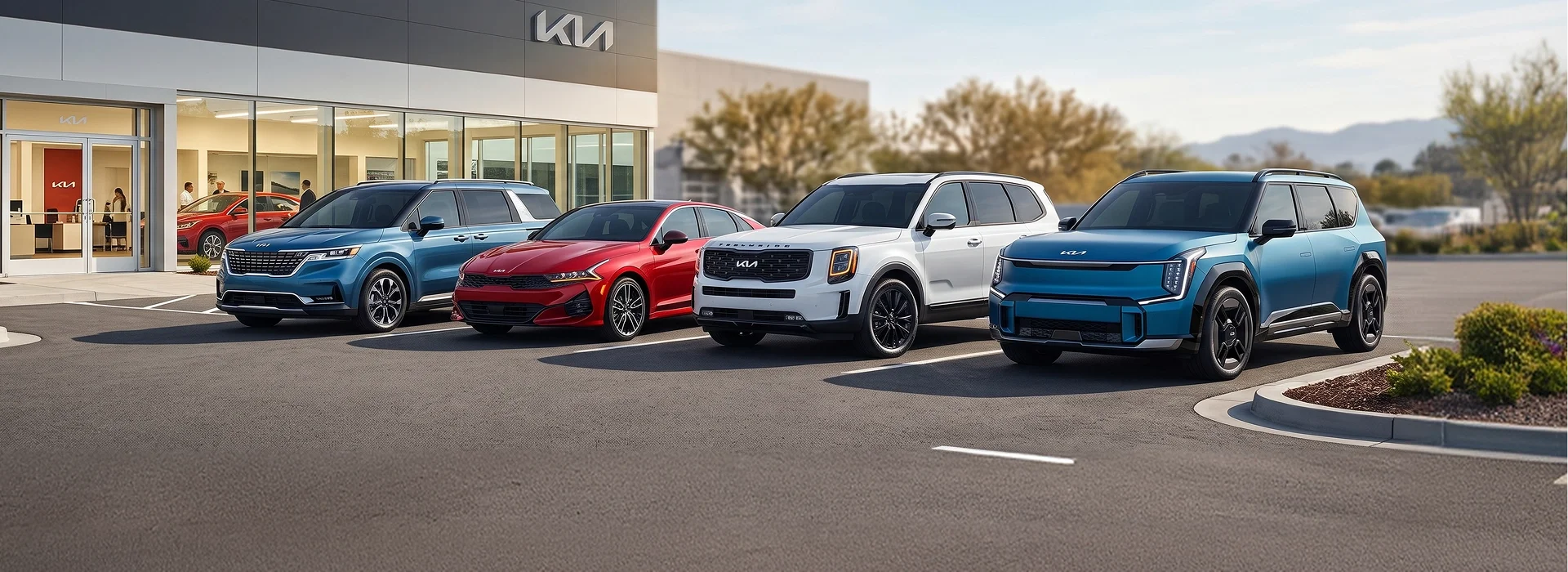 Blue, red, white and blue Kia vehicles lined up in the parking lot of a Kia dealership showroom