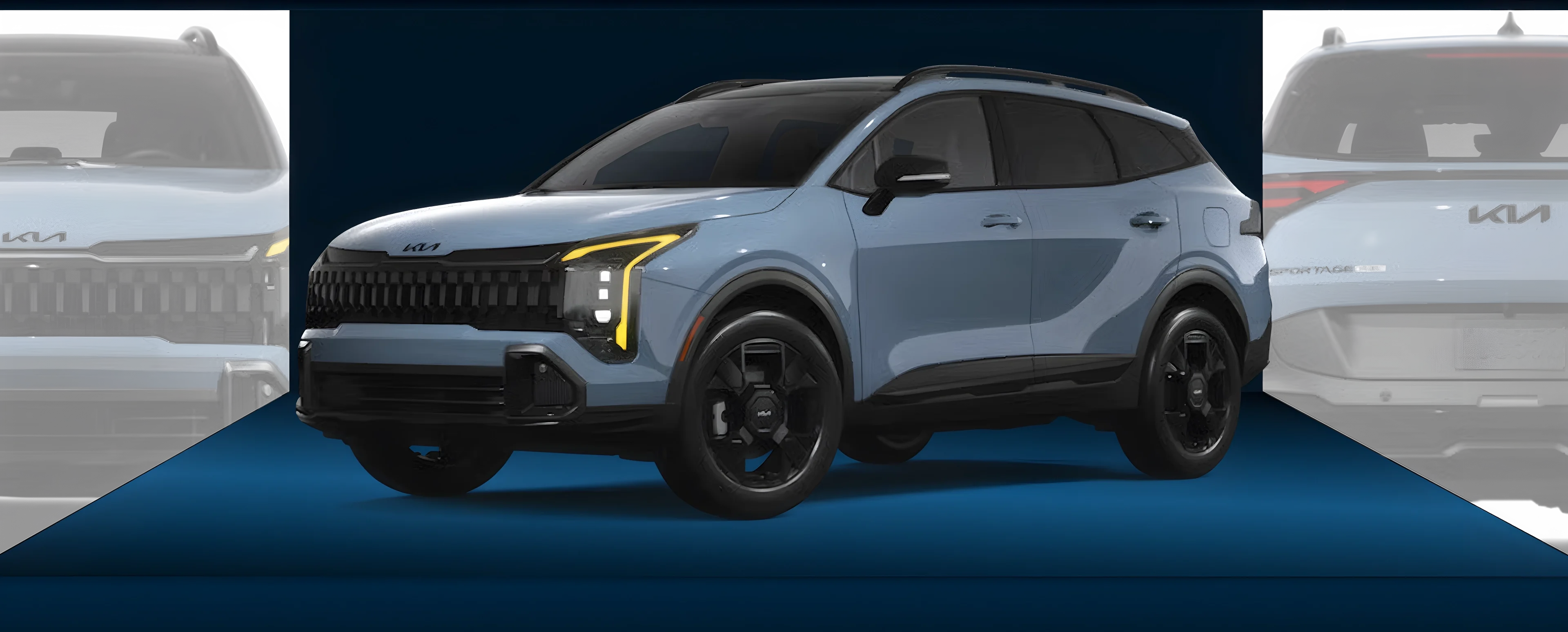 Light blue Kia Sportage shown on a navy stage between faded front and rear views of the same SUV