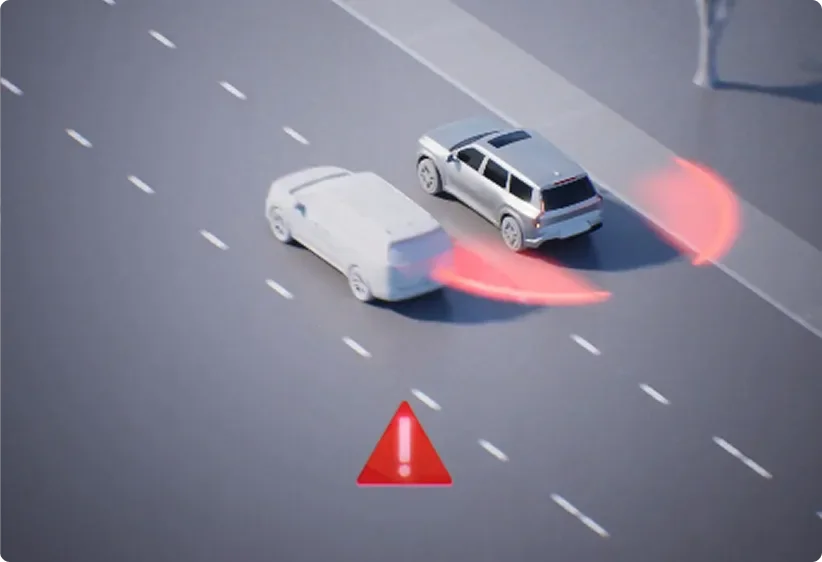 Illustration of a Telluride changing lanes with red alert zones marking vehicles in its blind spots