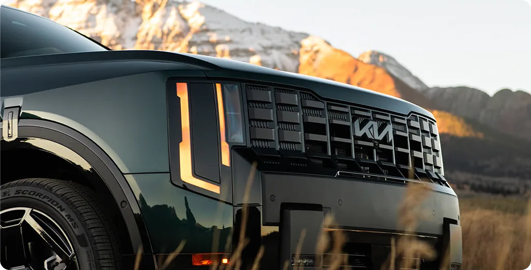 Front detail of a dark green Telluride X-Line in tall grass at sunset