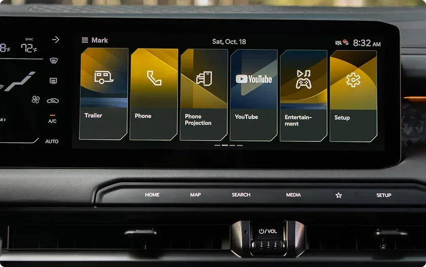 Telluride touchscreen showing entertainment and data service tiles including YouTube