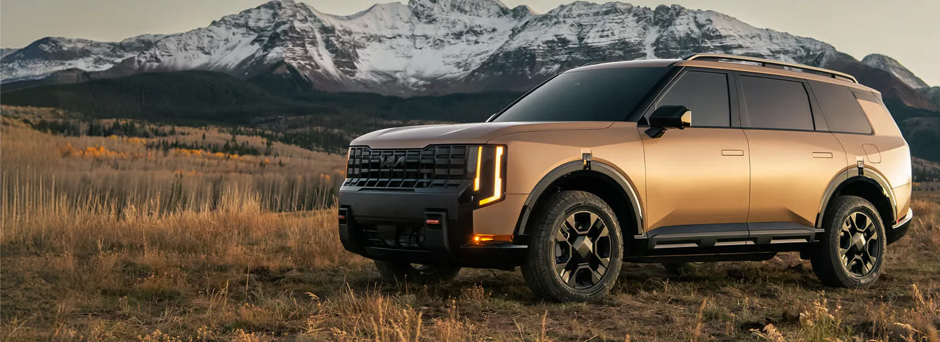 Bronze 2027 Kia Telluride parked in a golden field with snow-capped mountains behind
