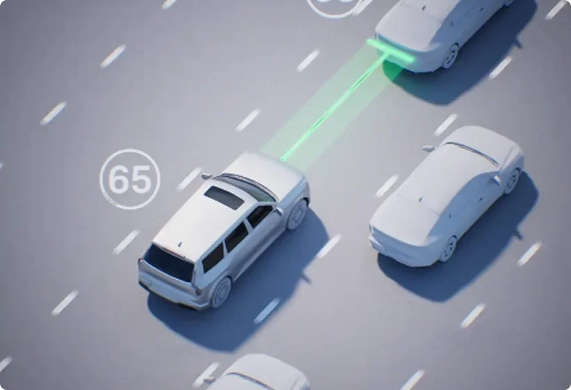 Overhead illustration of a Telluride holding a green-marked following distance at 65 mph