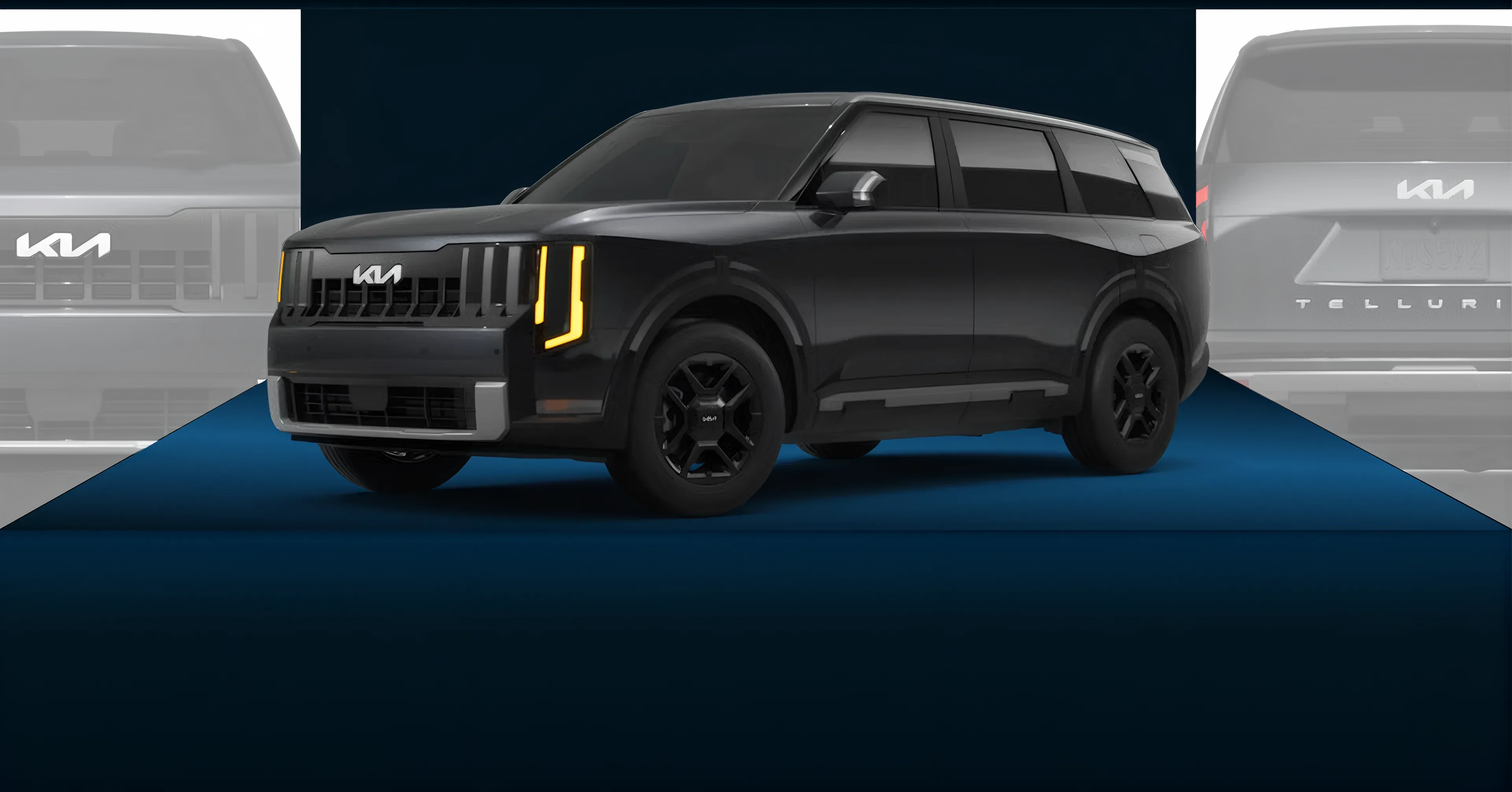 Black 2027 Kia Telluride, front three-quarter view, with faded front and rear views behind it