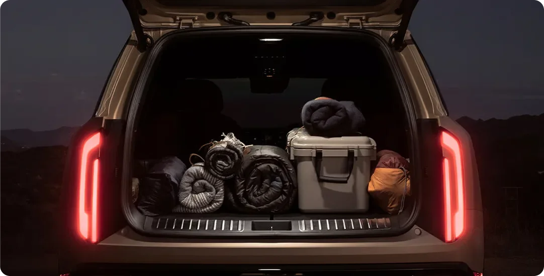 Open Telluride liftgate at night with the cargo area and gear lit by the liftgate lamp
