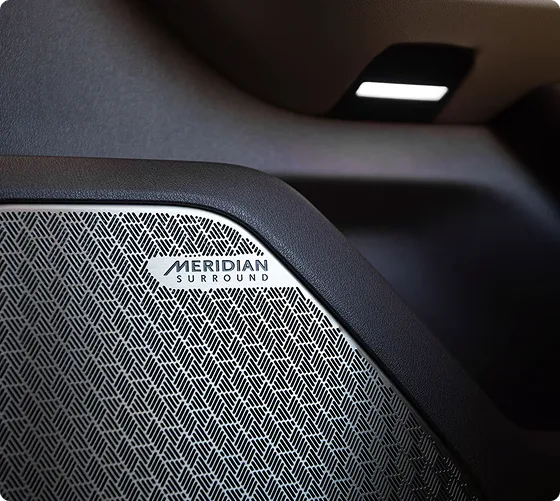 Close-up of a Meridian Surround speaker grille badge on the Telluride door trim