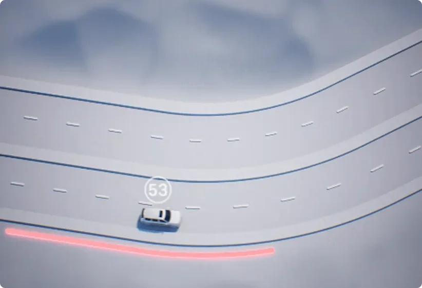 Illustration of a highway curve with a posted speed marker for navigation-based cruise control