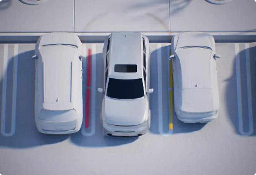 Overhead illustration of a car easing into a parking bay with a red proximity bar ahead of it