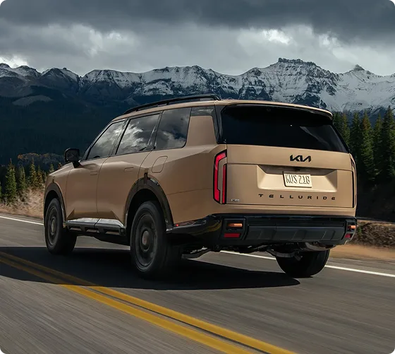 Bronze Telluride seen from behind on a mountain road lined with pines