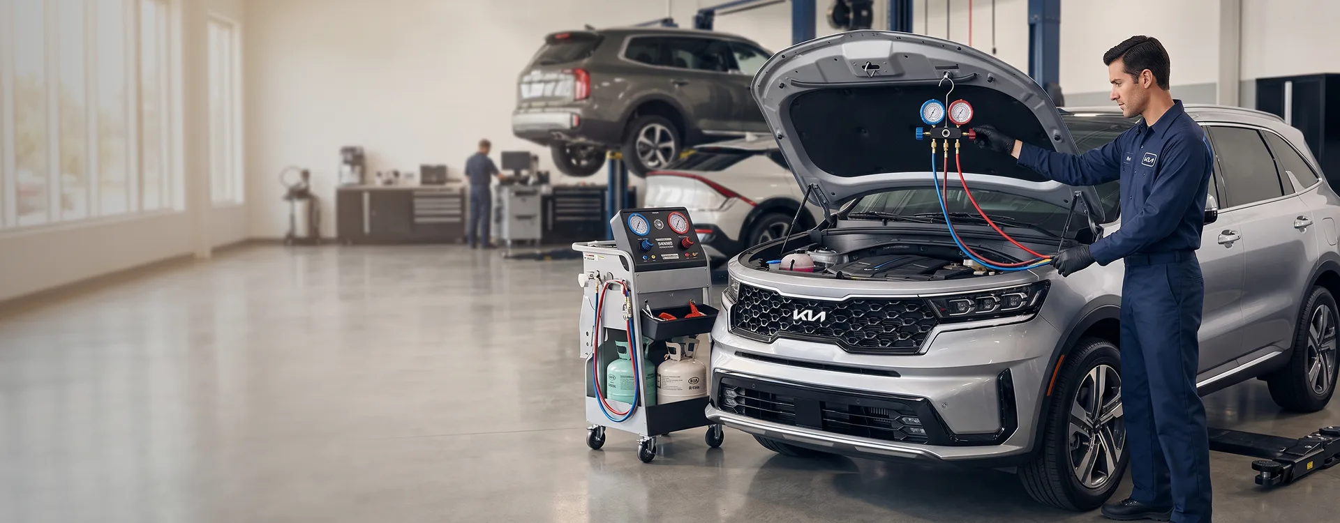 Briggs Kia of Topeka technician connecting AC manifold gauges under the hood of a silver Kia Sorento