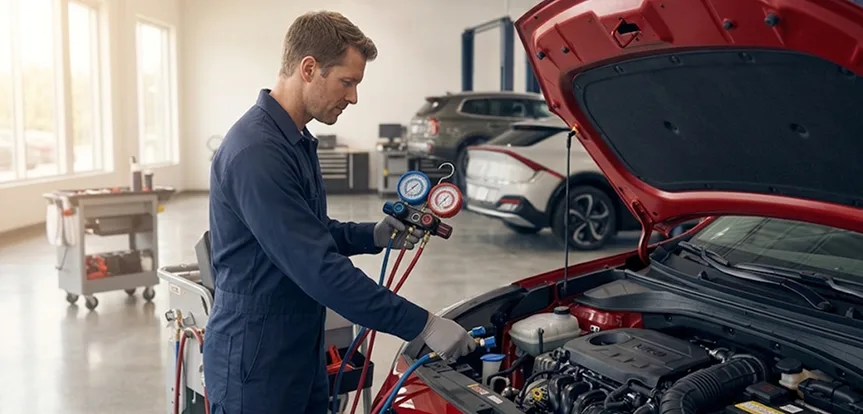 Technician connecting AC manifold gauges to the air conditioning system of a red Kia