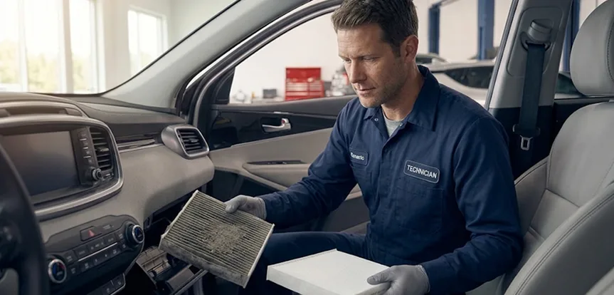 Technician comparing a dirty cabin air filter with a clean replacement inside a Kia