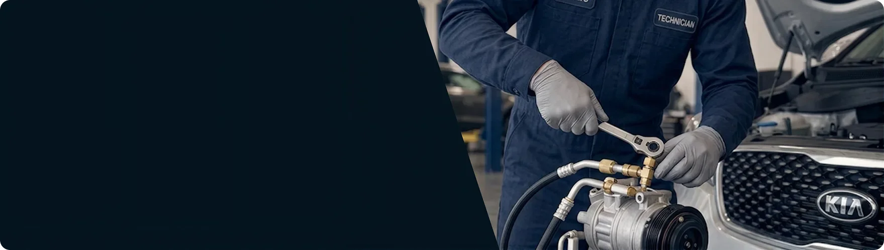 Kia technician tightening a fitting on an air conditioning compressor with a wrench
