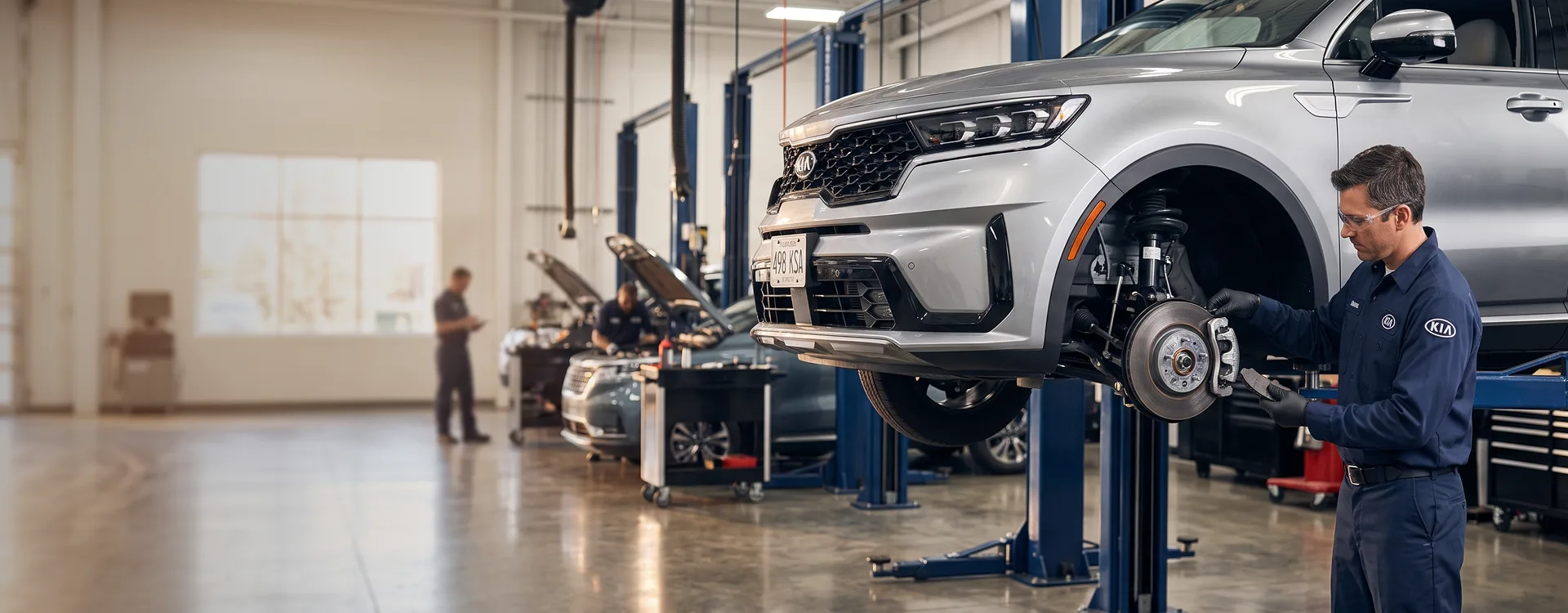 Briggs Kia of Topeka technician servicing the front brake rotor of a silver Kia Sorento raised on a lift