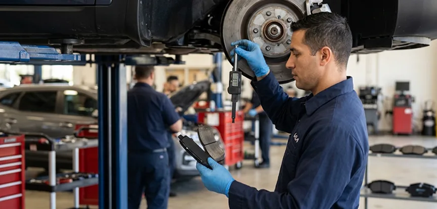 Technician measuring brake pad thickness with a gauge beside a Kia raised on a lift
