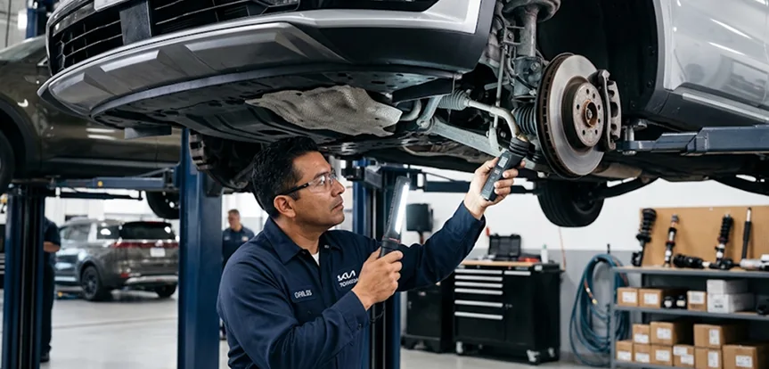 Technician inspecting the front suspension and brake rotor of a silver Kia with a work light