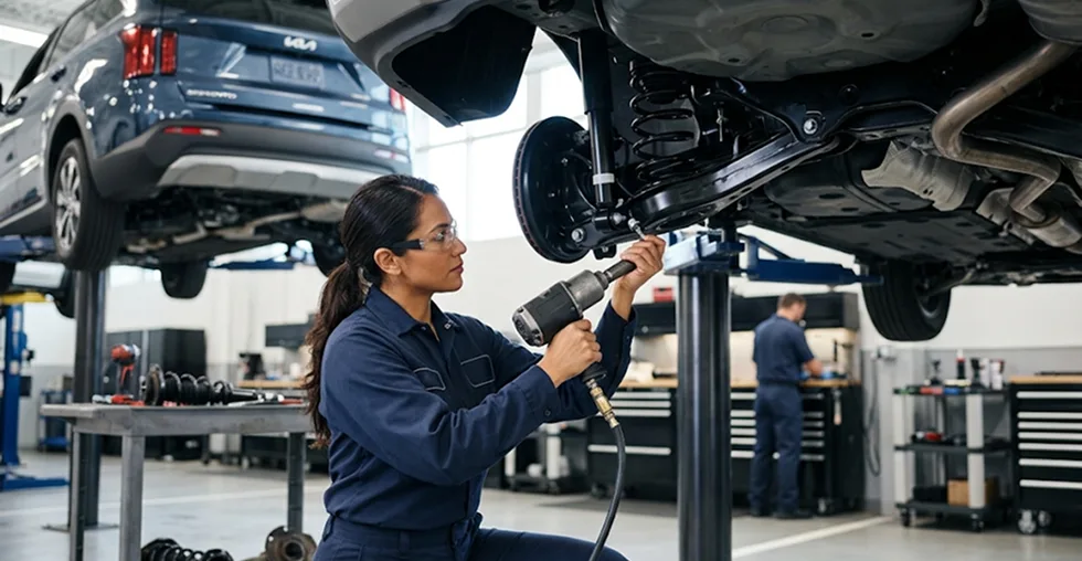 Technician using an impact wrench on the rear suspension of a Kia raised on a lift