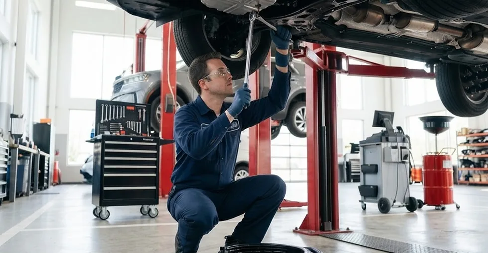 Technician working beneath a Kia raised on a lift with an oil drain pan below