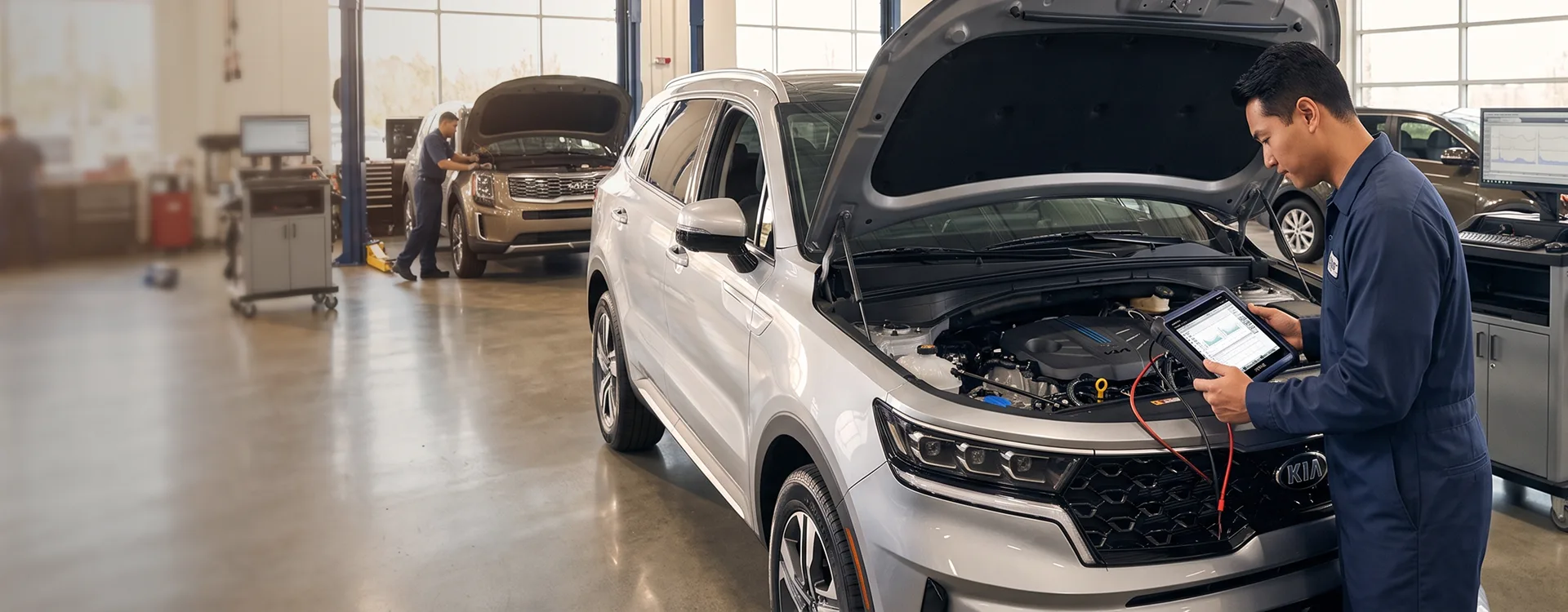 Briggs Kia of Topeka technician running engine diagnostics on a tablet at the open hood of a silver Kia Sorento