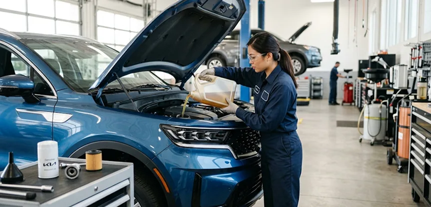 Technician pouring fresh oil into the engine of a blue Kia beside a Genuine Kia oil filter