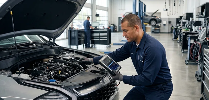 Technician running engine diagnostics with a handheld scanner at the open hood of a silver Kia