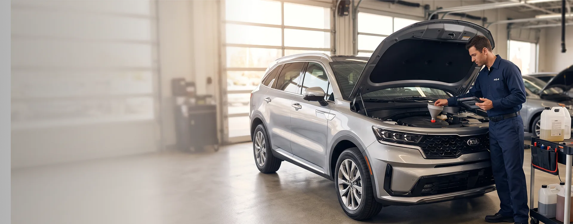 Briggs Kia of Topeka technician pouring fluid through a funnel into a silver Kia Sorento with the hood raised