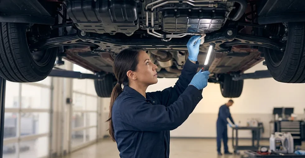 Technician inspecting the underside of a red Kia on a lift with a work light