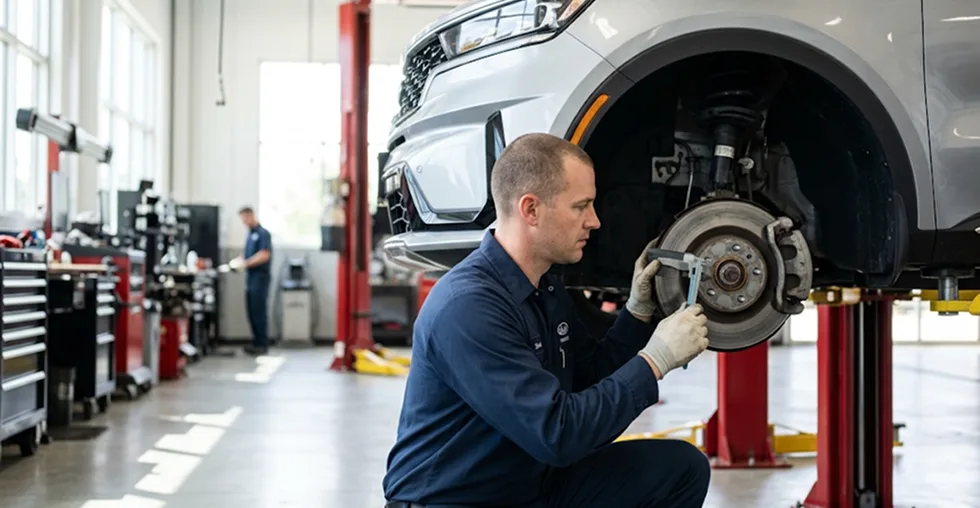 Technician measuring brake rotor wear with a gauge on a white Kia raised on a lift