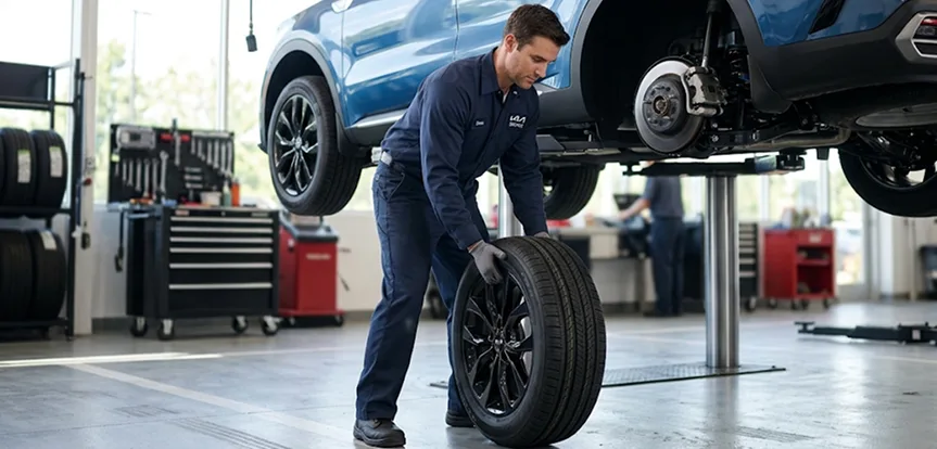 Technician rolling a wheel toward a blue Kia Sorento raised on a lift during a tire rotation