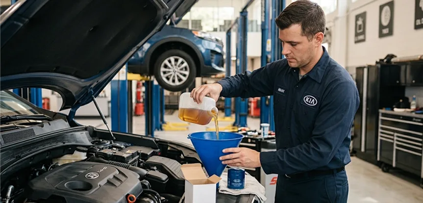 Technician pouring fresh oil through a funnel into a Kia engine beside a Genuine Kia oil filter