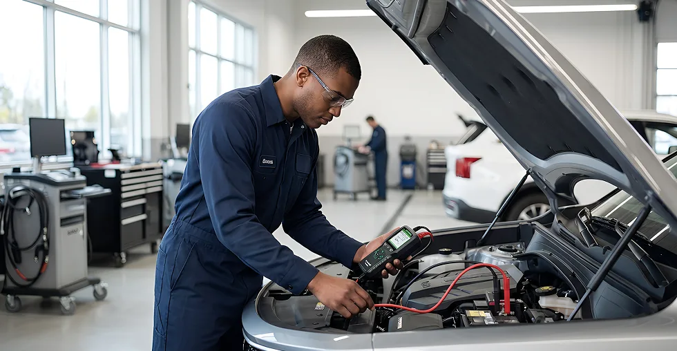 Briggs Kia of Topeka technician testing the battery under the hood of a silver Kia
