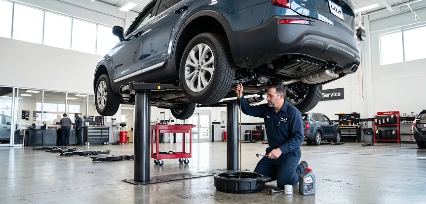 Briggs Kia of Topeka technician draining engine oil from a Kia raised on a service lift