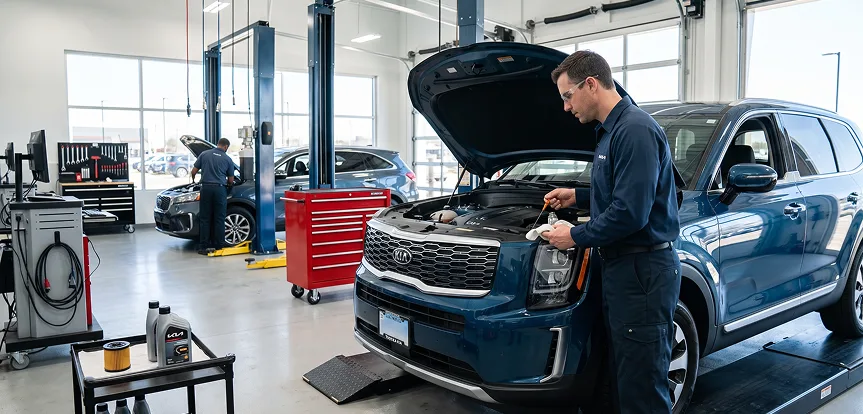 Factory-trained technician adding oil under the hood of a blue Kia Telluride, with a Genuine Kia oil filter on the cart