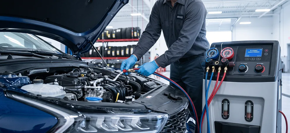 Kia technician connecting air-conditioning gauges under the hood of a blue Kia