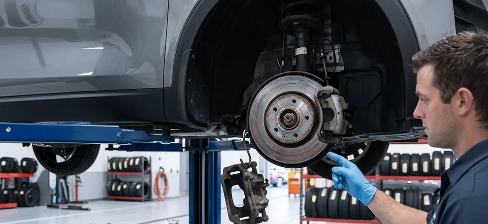Technician removing a brake rotor from a Kia raised on a service lift