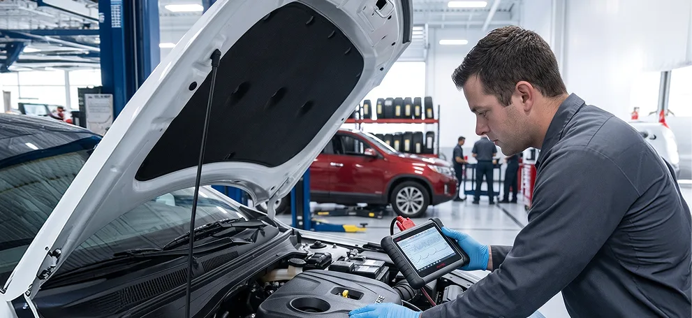 Technician working under the open hood of a white Kia in the service bay