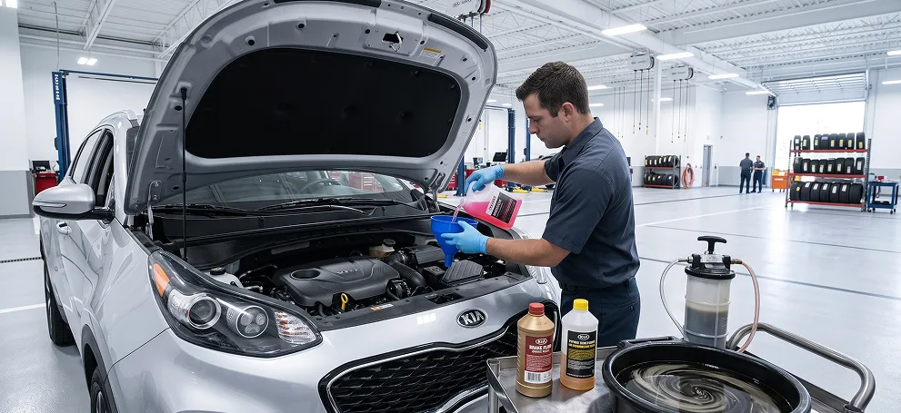 Technician topping up fluid under the hood of a silver Kia