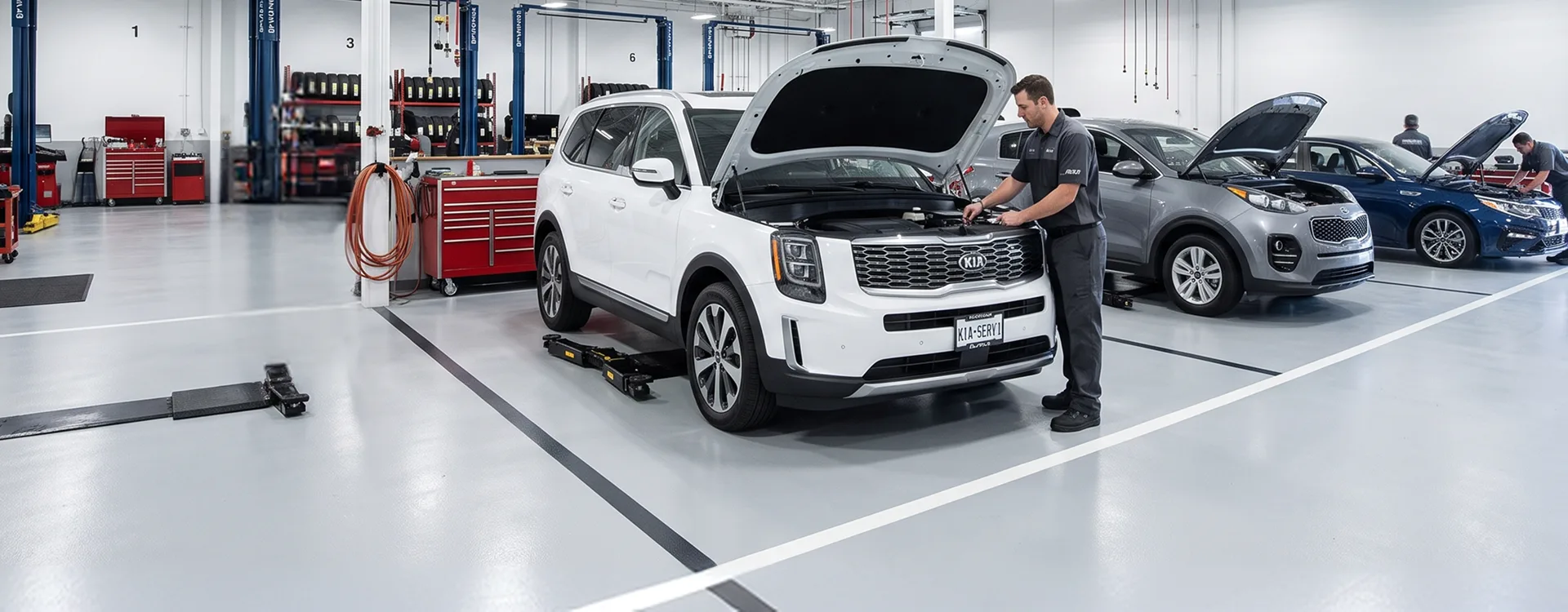 Briggs Kia of Topeka service department with Kia vehicles in the bays