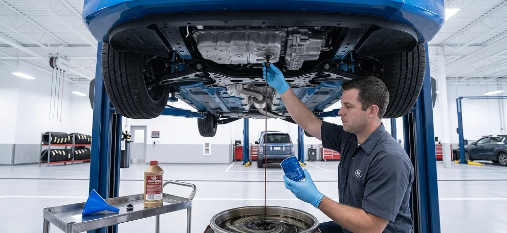 Technician draining the oil beneath a blue Kia raised on a lift