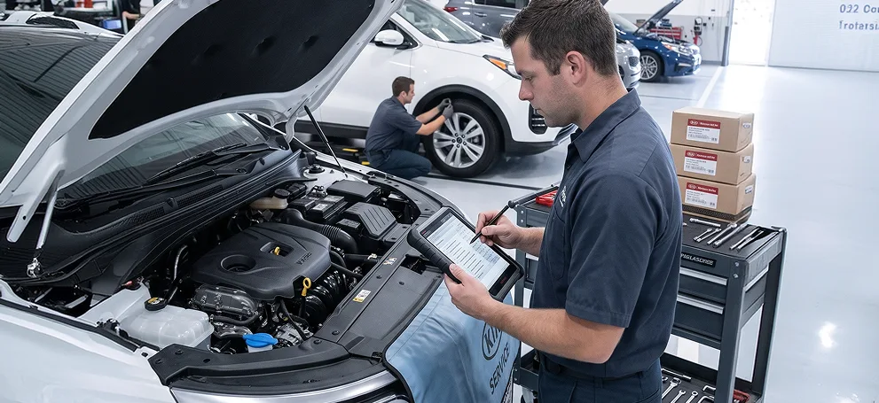 Technician with a tablet running through a maintenance inspection on a white Kia